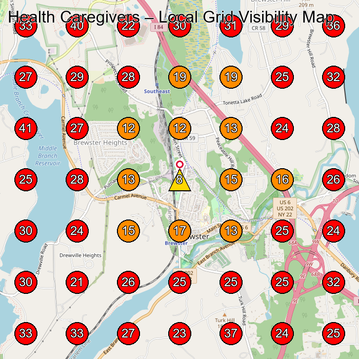 Health Caregivers GeoGrid visibility map for Home Health Care Service in Brewster